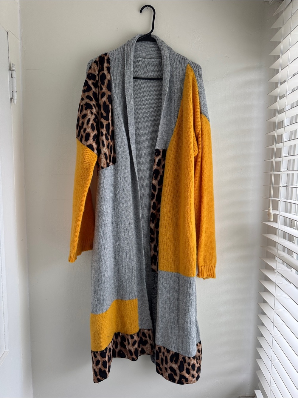 SHEIN Grey and Mustard Colorblock Leopard-Trim Open Cardigan
